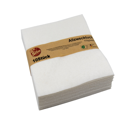 Weiße Vliestücher in Paket mit zehn Stück, auf einem weißen Hintergrund.
