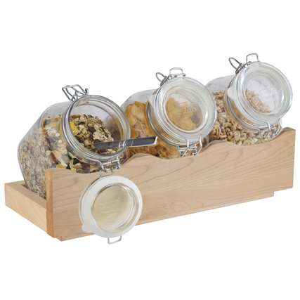 Buffetständer aus Holz mit drei Glasbehältern für Snacks oder Müsli.