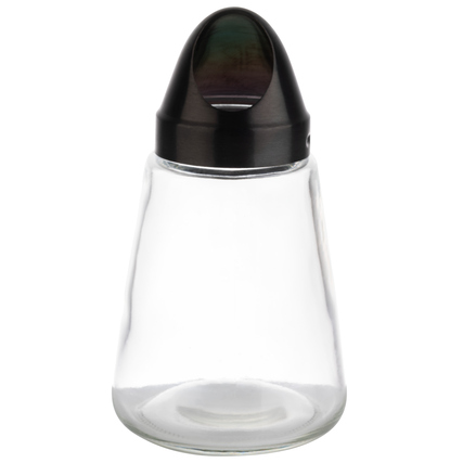 Transparenter Snackspender aus Glas mit schwarzem Deckel.
