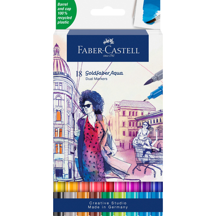 Verpackung mit 18 Doppelfasermalern in verschiedenen Farben und Illustrationen auf der Vorderseite.