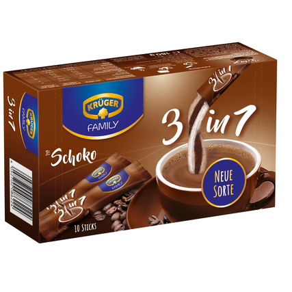 Kartonverpackung mit 10 Sticks Krüger Family Kaffee 3in1 Schoko und einer Tasse Kaffee.
