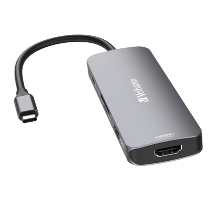 USB-Hub mit einem USB-C-Anschluss und mehreren Anschlüssen, inklusive HDMI und SD-Kartenleser.
