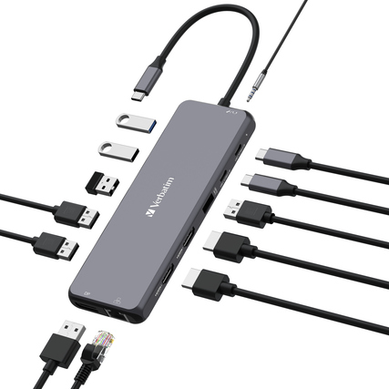USB-Hub mit mehreren Anschlüssen in grau, umgeben von Kabeln und einem USB-Stick.
