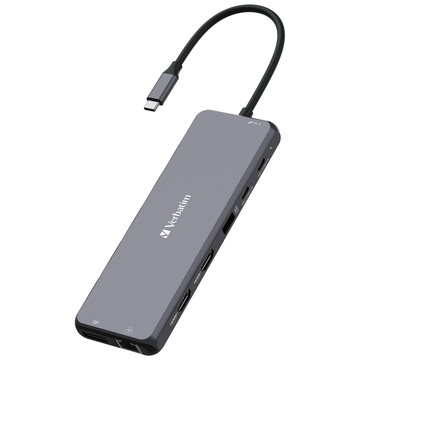 USB-Hub mit mehreren Anschlüssen, Kabel und grauem Gehäuse.