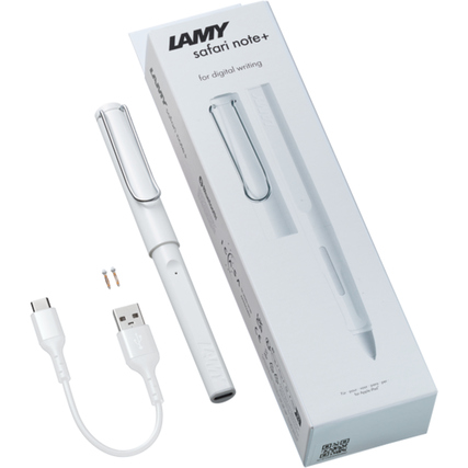 Weißer Lamy Digitalstift Stylus Pen safari note+ mit Verpackung und USB-Kabel.