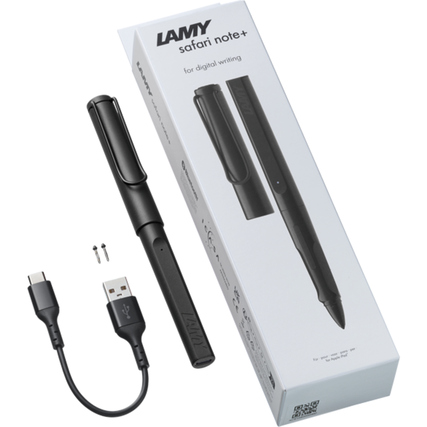 Schwarzer Lamy Digitalstift safari note+ mit Verpackung und USB-Ladekabel.