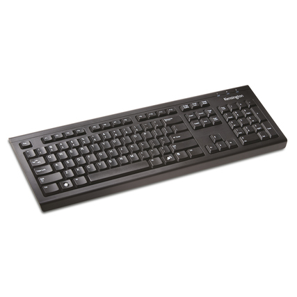 Kabellose schwarze Tastatur mit vollständigem Tastenlayout und zusätzlichem Ziffernblock.