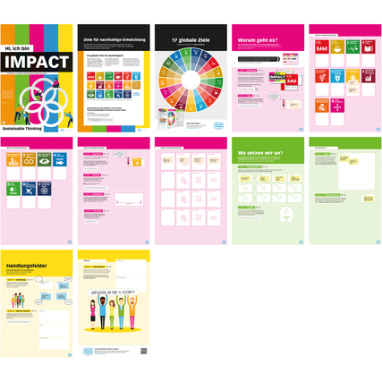 Flipchartblock mit 12 Seiten zu nachhaltiger Entwicklung und Prozessentwicklung in buntem Design.
