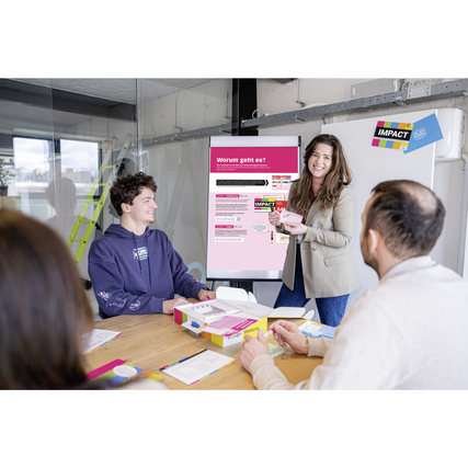 Personen bei einem Meeting, die an einem Flipchart mit dem Titel "Worum geht es?" arbeiten.