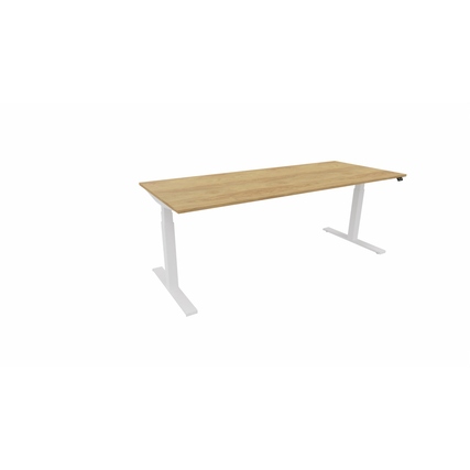 Schreibtisch in Weiß mit natürlicher Hickory-Oberfläche, rechte Seitenansicht.