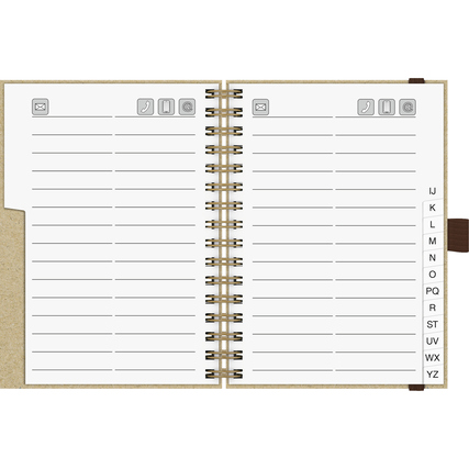 Offene Ansicht eines Adressbuchs mit leeren Seiten und alphabetischen Tabs.