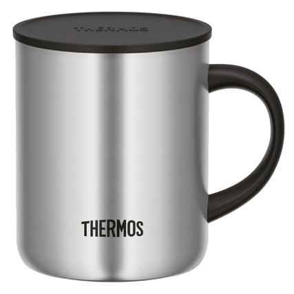 Edelstahl-Thermobecher mit Henkel und schwappsicherem Deckel in silber und schwarz.