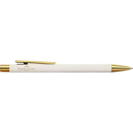 Kugelschreiber in gold und weiß mit Druckknopf und gefedertem Clip auf weißem Hintergrund.