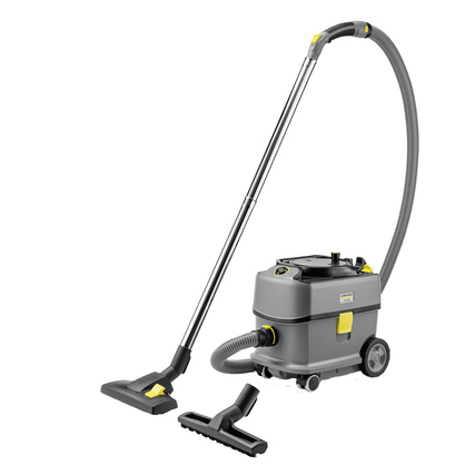 Kärcher Bodenstaubsauger T 10/1 Adv HEPA mit Saugschlauch und Bodendüse in grauem Design.