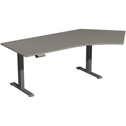 Schreibtisch mit freiformiger Oberfläche in onyx anthrazit und Teleskop-Hubmechanik.