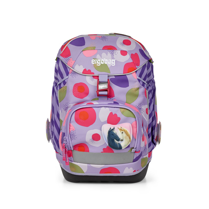 Lila Schulranzen mit Blumenmuster, Vorderansicht und einem tierischen Motiv auf der Fronttasche.