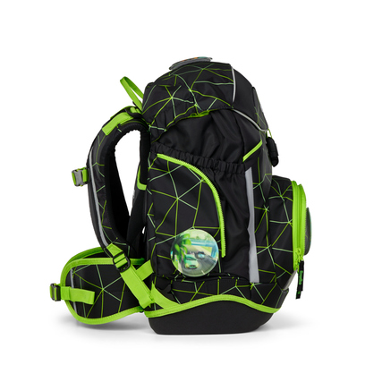 Schulranzen mit fluoreszierendem Design und stehendem Profil in Seitenansicht.