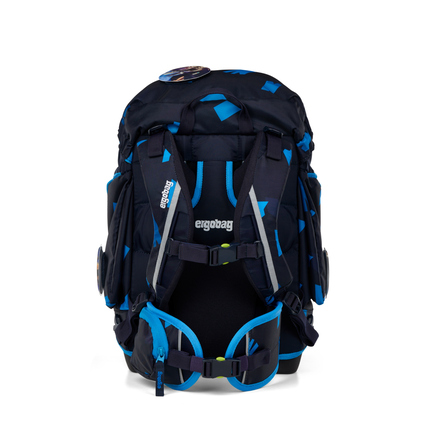 Schulranzen mit blauen Akzenten und verstellbaren Gurten aus Rückenansicht.