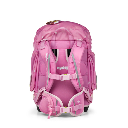 Rückansicht des rosa ergobag Schulranzens mit gepolstertem Rücken und verstellbaren Gurten.