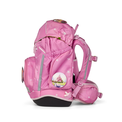 Rosa Schulranzen mit Sternenmuster, seitliche Sicht auf Fächer und Befestigungsmöglichkeiten.