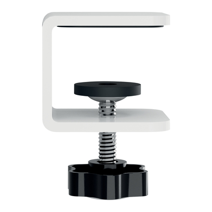 Weiße Klammer mit schwarzem Befestigungselement für das Organisationspaneel.