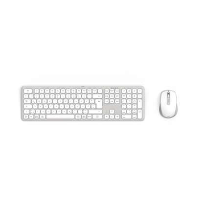 Graue und weiße kabellose Tastatur und Maus im oberen Blickwinkel angeordnet.