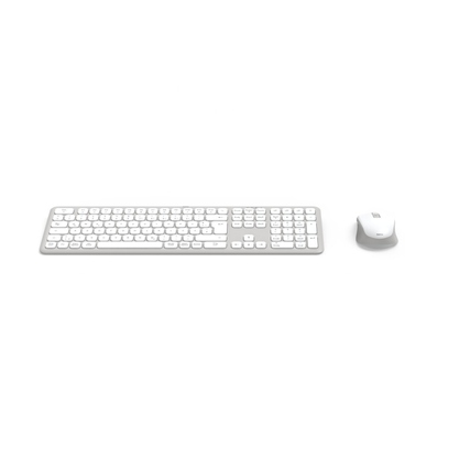 Graue und weiße kabellose Tastatur mit passender Maus auf weißem Hintergrund.