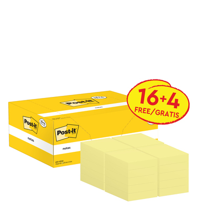 Gelbe Haftnotizen in einer gelben Verpackung mit dem Hinweis "16+4 FREE/GRATIS".