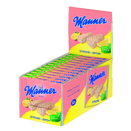 Schachtel mit Manner Zitronen-Waffeln, aufgereiht mit sichtbarer Verpackung und fruchtigem Design.