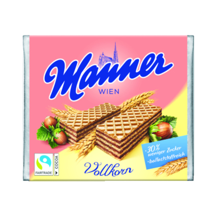 Vollkorn-Waffeln in einer pinken Verpackung mit Nüssen und Weizenillustration.