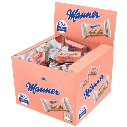 Pinker Karton mit dem Manner-Logo, gefüllt mit einzeln verpackten Mini Neapolitaner Schnitten.