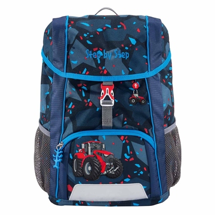 Kindergartenrucksack mit Traktor-Motiv, ergonomischem Design und seitlichen Netztaschen.