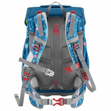 Rückansicht eines blauen Schulranzens mit verstellbaren Gurten und farbigen Motiven.