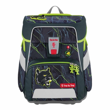 Schulranzen in Grün-Schwarz mit Katzenmotiv und reflektierenden Elementen auf der Vorderseite.