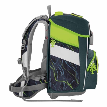 Seitenansicht des Schulranzens mit ergonomischem Design und verschiedenen Taschen.