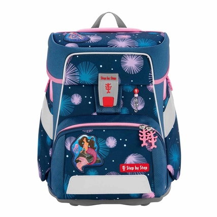 Blauer Schulranzen mit Meerjungfrau-Design, reflektierenden Elementen und Anhänger.