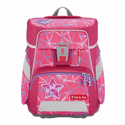 Rosa Schulranzen mit geometrischem Muster, Fronttasche und reflektierenden Elementen.