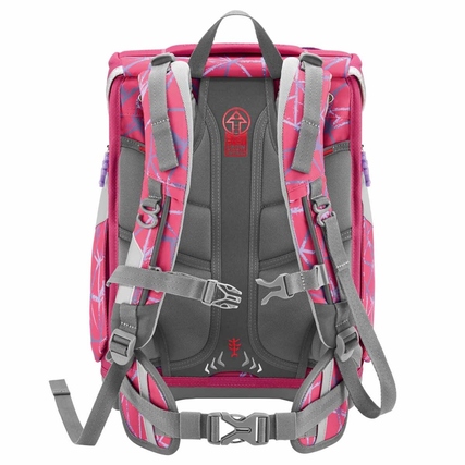 Rückansicht eines rosa Schulranzens mit ergonomischen Schulter- und Brustgurten.