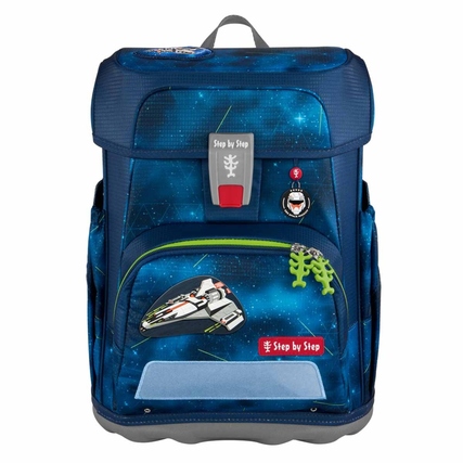 Blauer Schulranzen mit Weltraumdesign, Vortasche und verschiedenen Applikationen.