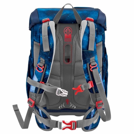 Rückansicht eines Schulranzens mit ergonomischem Tragesystem und verstellbaren Gurten.