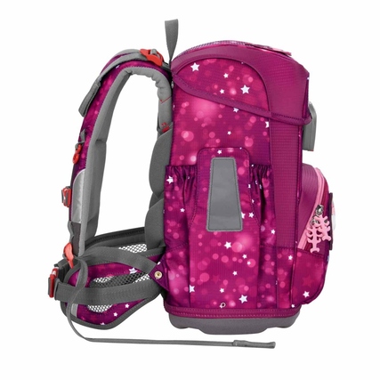 Seitenansicht eines rosafarbenen Schulranzens mit ergonomischen Gurten und seitlichen Taschen.
