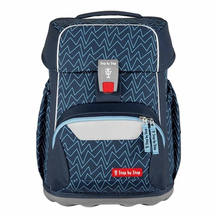 Blaue Schulranzen mit geometrischem Muster, seitlichen Taschen und ergonomischem Design.