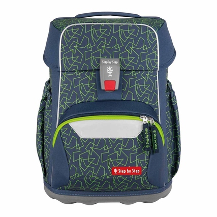 Schulranzen in Blau mit grünem geometrischem Muster und roter Schnalle, Frontansicht.