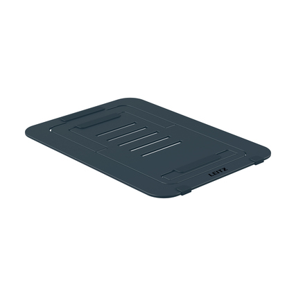Ultraflacher, ergonomischer Laptopständer in dunkler Farbe mit fünf Höheneinstellungen.