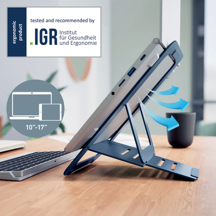 Ultraflacher, ergonomischer Laptopständer mit fünf Höheneinstellungen und stabiler Basis.