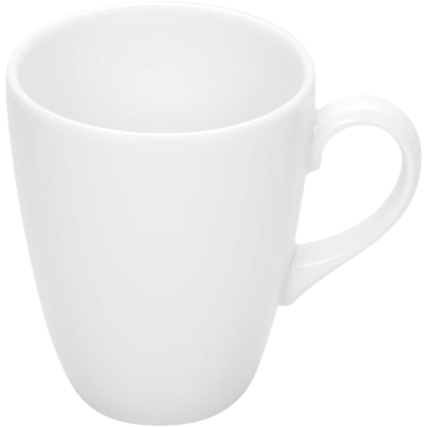 Weißer Kaffeebecher mit rundem, konischem Design und Henkelform.