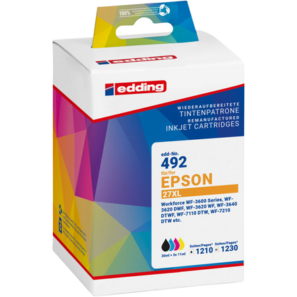 Schwarze, cyan, magenta und gelbe Tintenpatronen in einer weißen Verpackung mit farbiger Grafik.