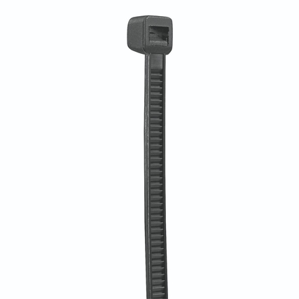 Schwarzer Kabelbinder mit Einmalverschluss in Seitenansicht.