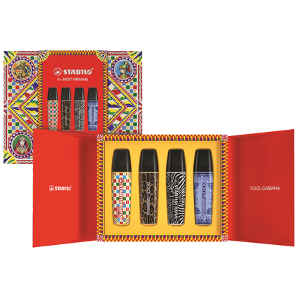Set mit vier Textmarkern in einem bunten Design und einer roten Geschenkbox geöffnet.