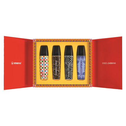 Textmarker in einer roten Box mit vier Designvarianten im DOLCE & GABBANA Stil.